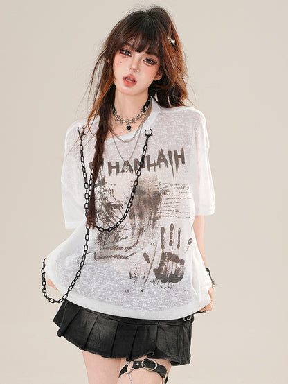 Charm White Glamorous Letter Sun Print T-shirt Protection Chain