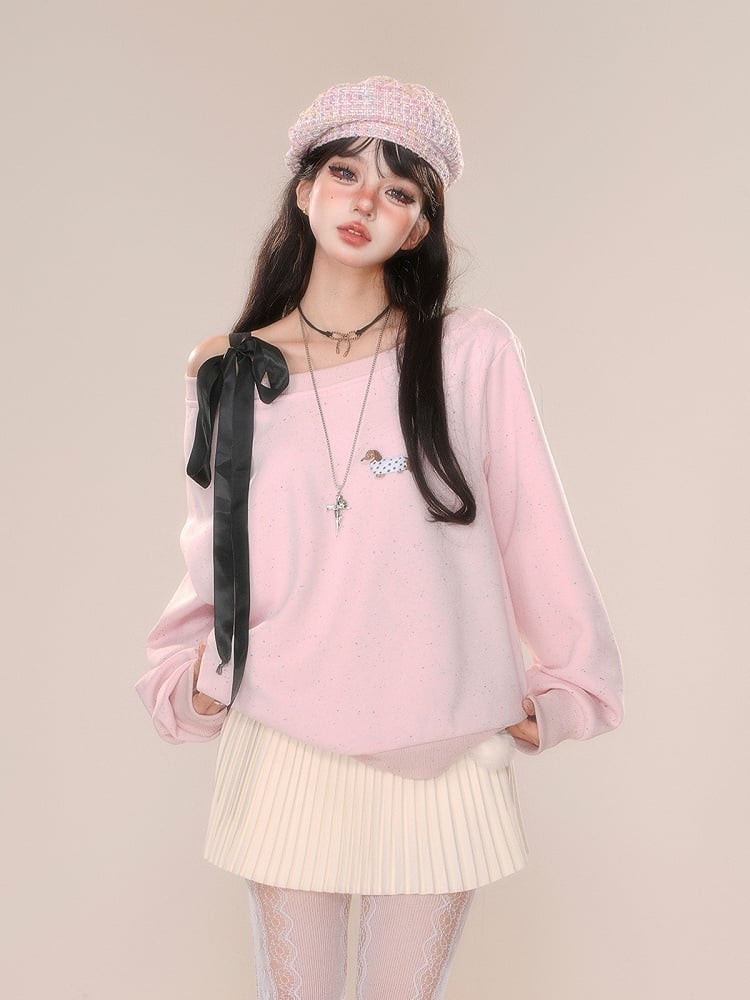 Pink Asymmetrical Neckline Sweatshirt