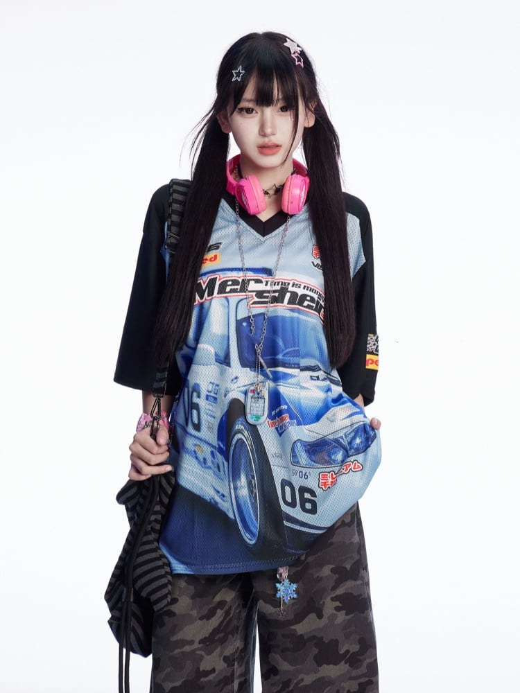 Blue Black and T-shirt Colorblock V-neck Racing Print Loose Design