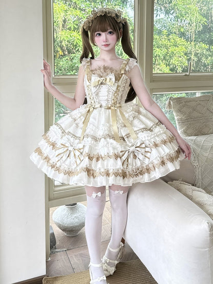 Bead Lolita Decorated White Dress Bows Chain Tiered Skirt Princess