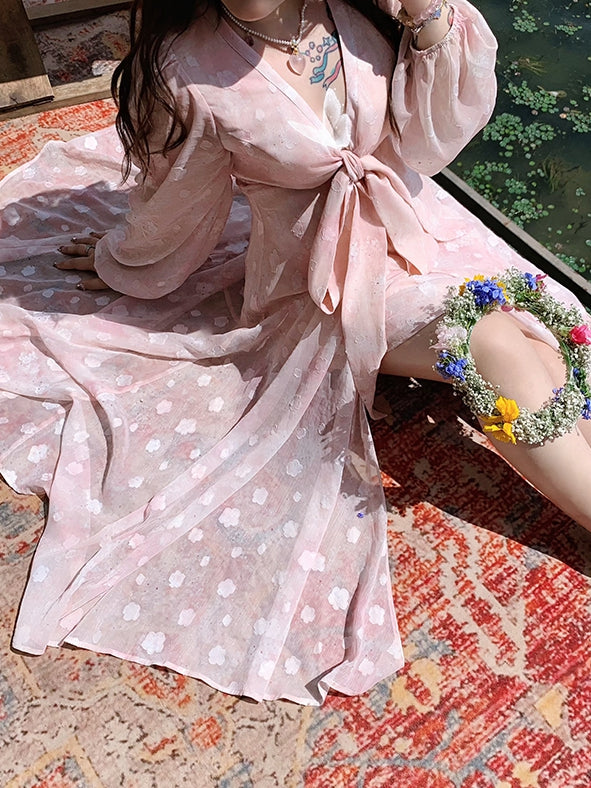 Dress Pink Peach Blossom Print Holiday Plus Size Self-tie Bowknot Front