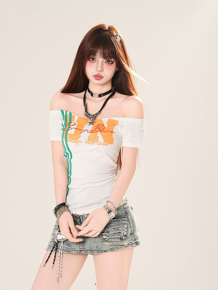 Weiß/Schwarz T-shirt Ausschnitt Brief Druck Off-the-shoulder