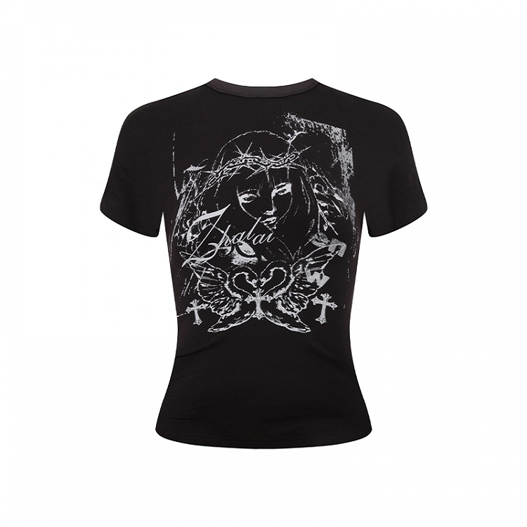 Slim-fitting Y2K Print Lace-up Back White/Black T-shirt