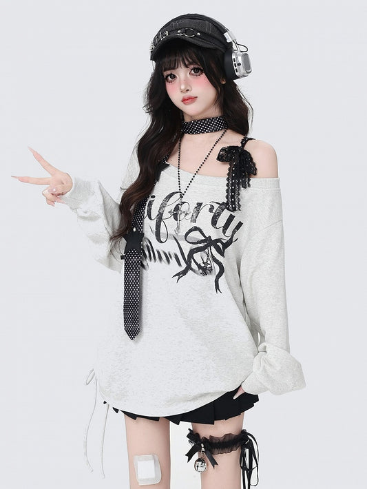 Asymmetrical Neckline Letter Print Loose Gray Light Sweatshirt