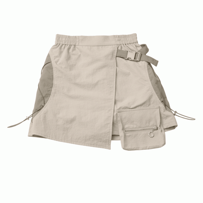 Khaki Snap and Drawstring Detail Techwear Skort