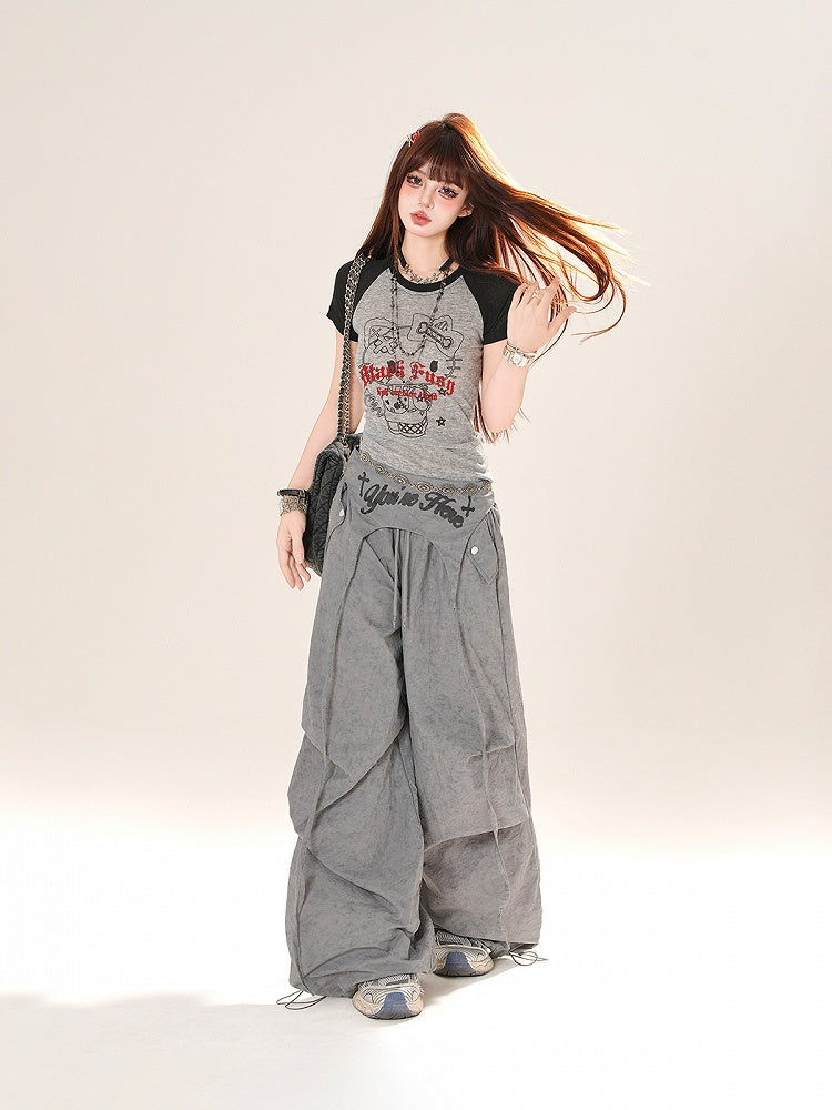 Accessory Pink/Gray Drawstring Wide-Leg Pants with Waist