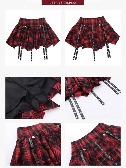 Y2K Red Plaid Mini Skirt - Tiered Skirt with Drooping Belt Accents