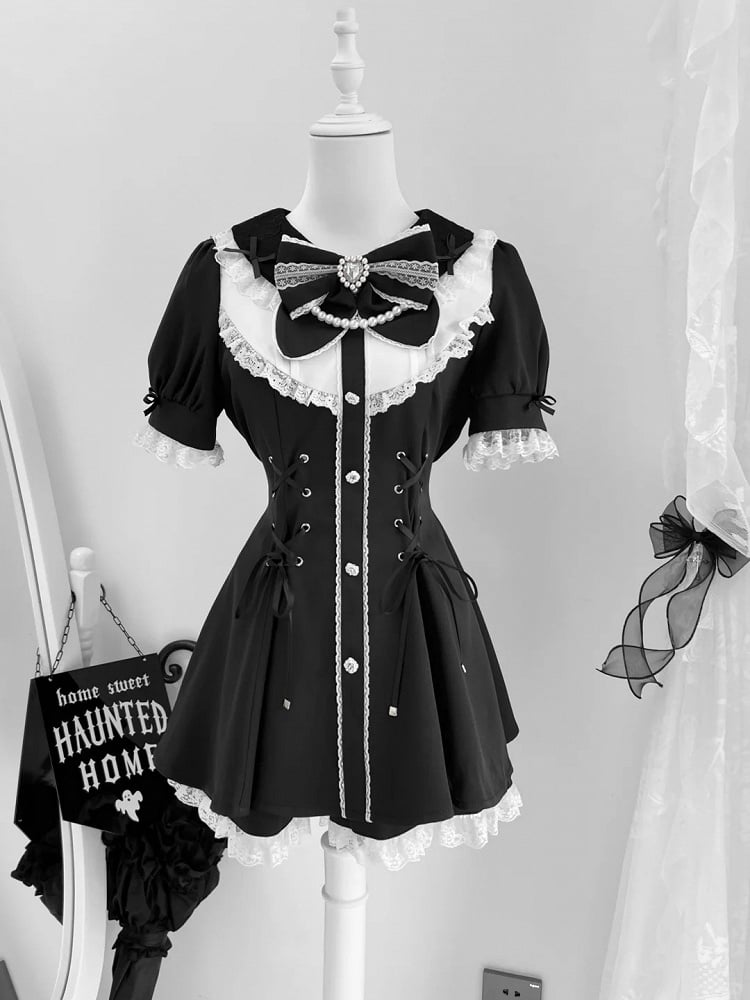 Jirai Embellished Kei Set White Lace-up Waist Rhinestones Mini Dress+Shorts Black Details