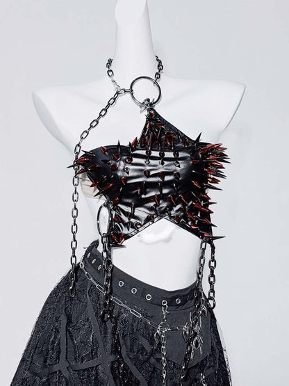Punk Black Halter Neck Studs and Chain Star-shaped Backless Top