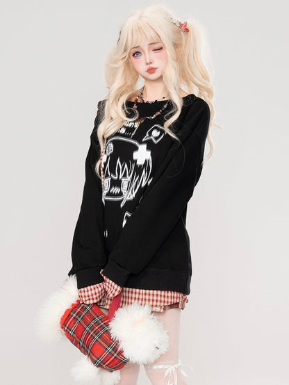 Haut Yami Kawaii noir/blanc à encolure asymétrique et poignets à carreaux
