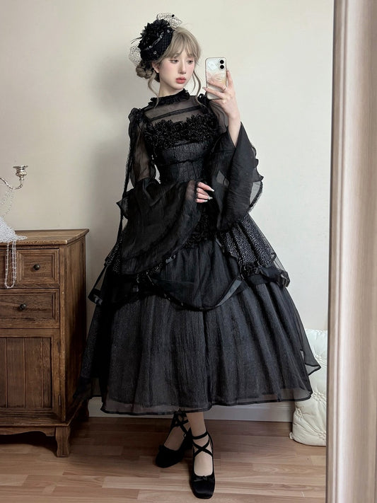Spaghetti Elegant JSK Dress Lolita Black Straps Full Layered Kuro Set Shimmering