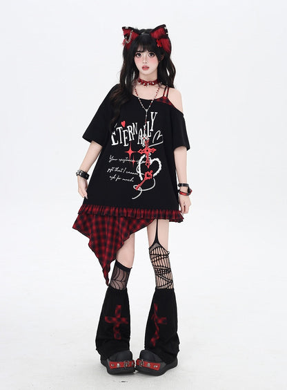 Asymmetrical Red/Purple Plaid Hem Black Punk Rock Graphic T-Shirt
