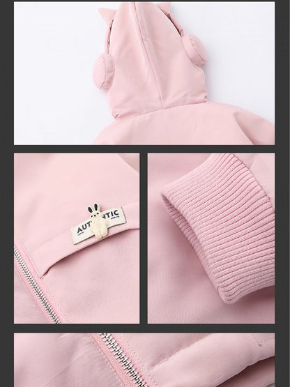 Black/Pink Zips Cat Ears Hood Thick Zip Hoodie
