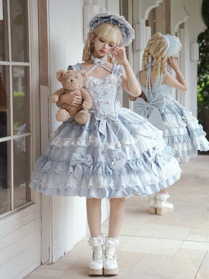 Blue and White Old School Lolita Dress Bows and Heart Shape Decoration Princess Lolita Jumper Skirt