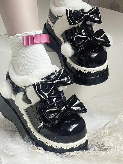 Lolita Black Cute Heart Bowknot Platform Shoes With Pompons