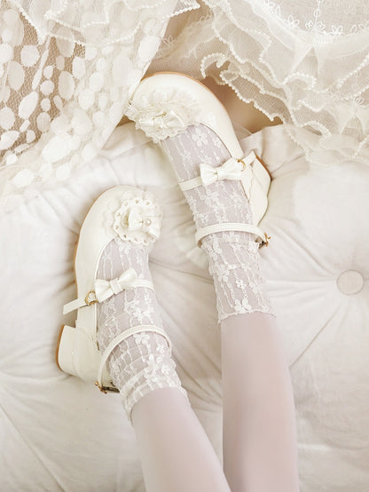 White Round Buckles Heart Lolita Lace at Milky Bow Toe Top Trim
