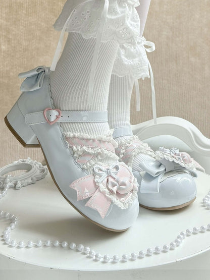 - Low Heels Pink with Clip Style Lolita Sweet A Candy-Decorated Heart Shoe Bow Blue
