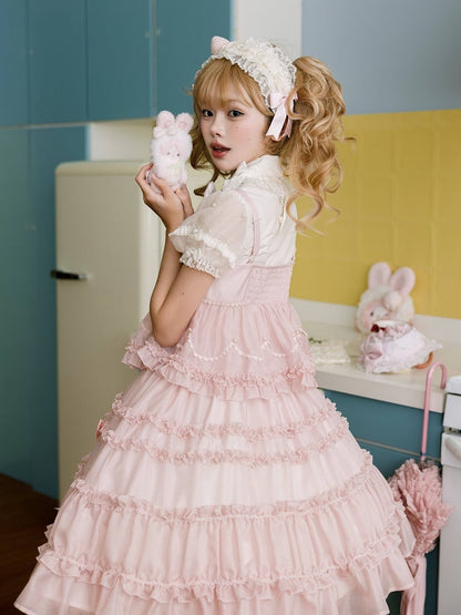 Pink Bow Accents Ruffle Trimming Sweet Lolita Fake Two-pieces Dress