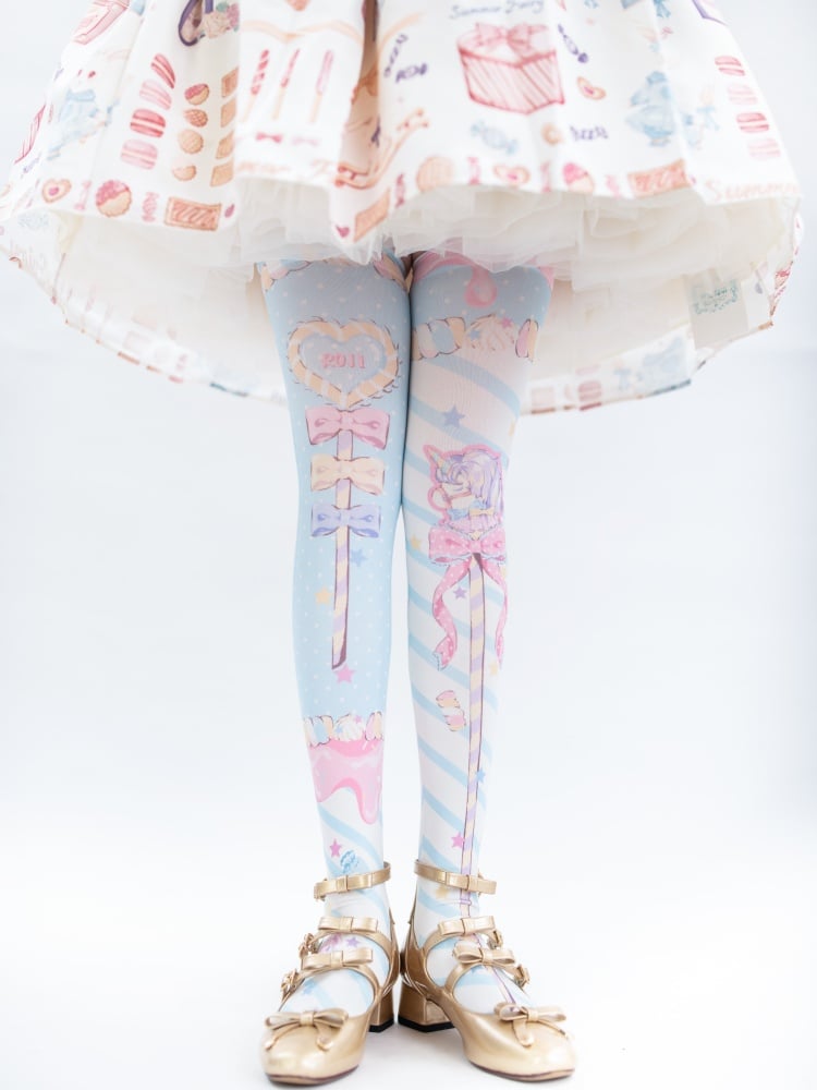 Candy Scepters Print Velvet Over Knee Stockings