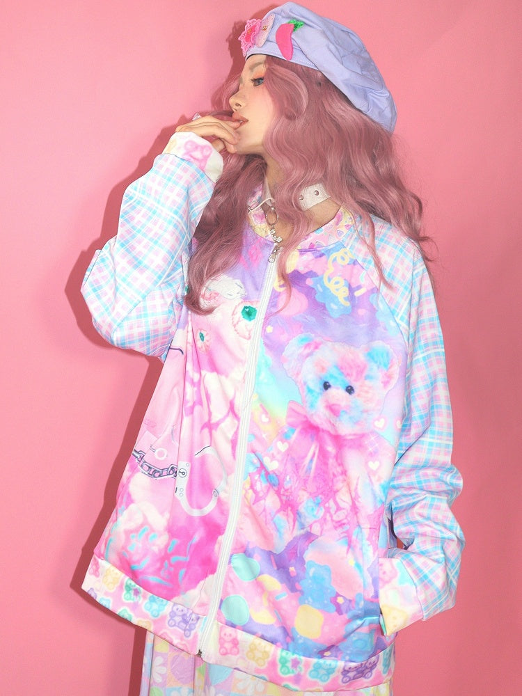 Augenjacke Kawaii Plaid Bär und buntes Muster Guro Print