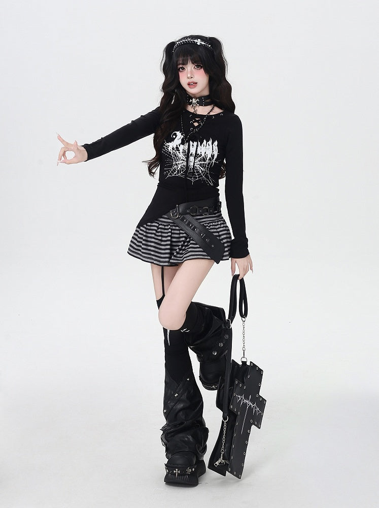 Spider Web Print Lace-up Neckline Asymmetrical Hem Black Top