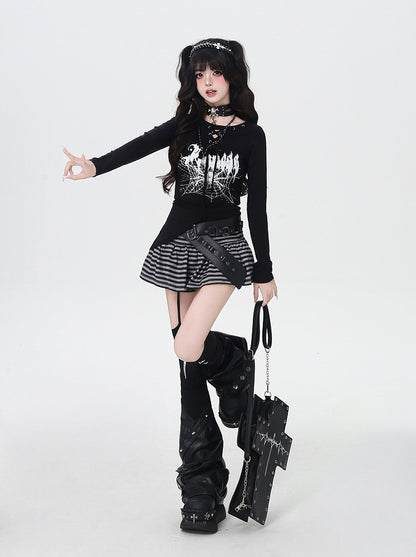 Spider Web Print Lace-up Neckline Asymmetrical Hem Black Top