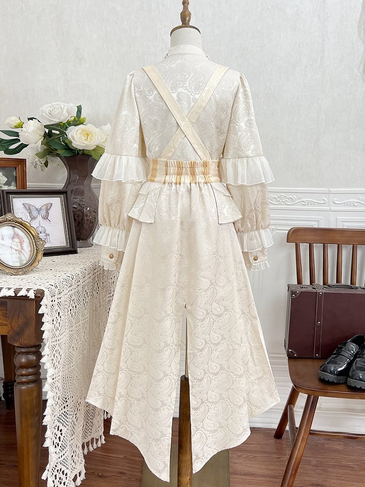 Champagne Ouji Lolita Prince Outfit Ruffle Neckline Long Sleeves Shirt Striped Overall Shorts