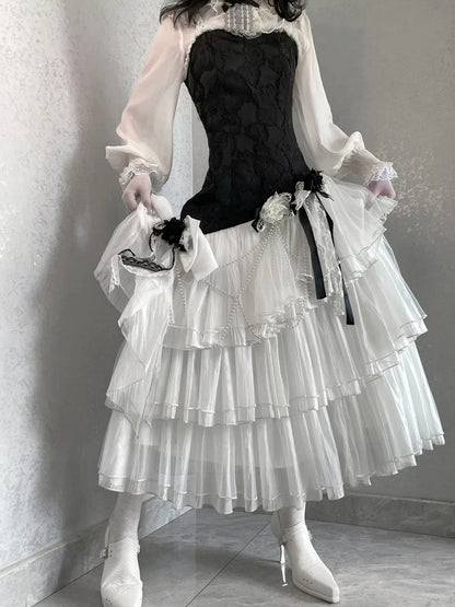 Classic JSK Elegant Layered Full Tulle Slim Bodice Jacquard Hem White Lolita Black Fit Floral Set