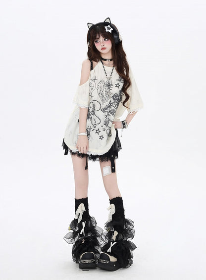 Black/Beige Cutout Shoulder Graffiti Bittersweet T-Shirt Angel Lucky