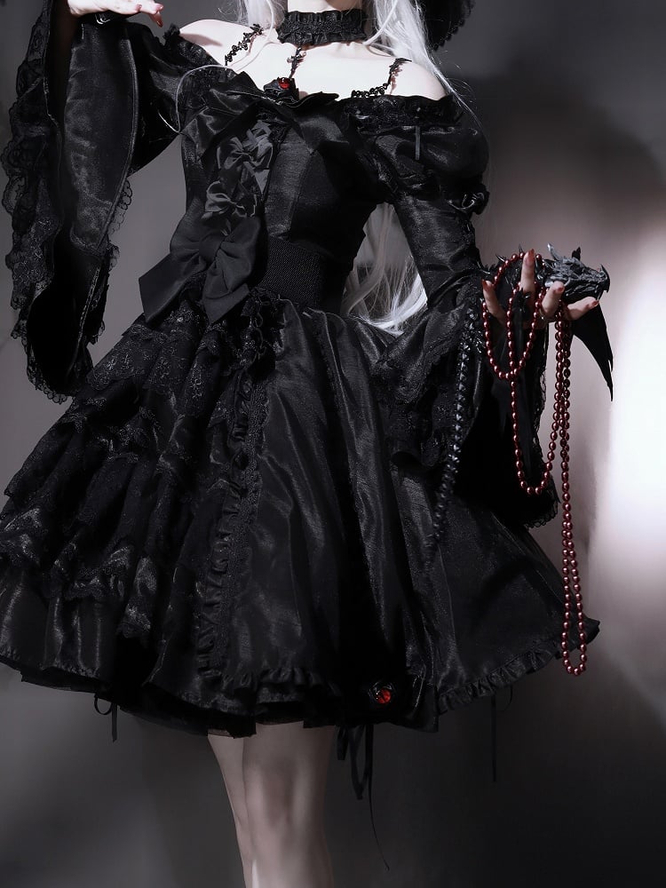 Kuro Drawstring Dress Bell Sleeves Skirt Gothic Black Bowknot Lolita Details and Layered