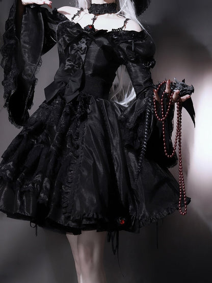 Kuro Drawstring Dress Bell Sleeves Skirt Gothic Black Bowknot Lolita Details and Layered