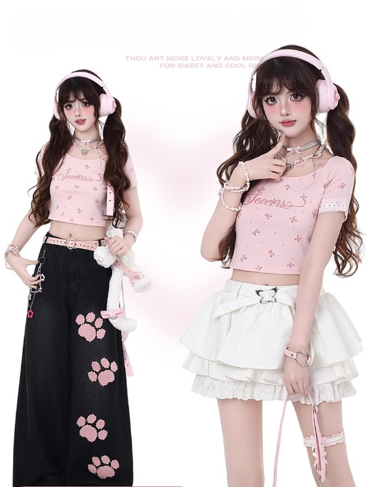 Cropped Sweet Pink Round Neck Bowknot Print T-Shirt