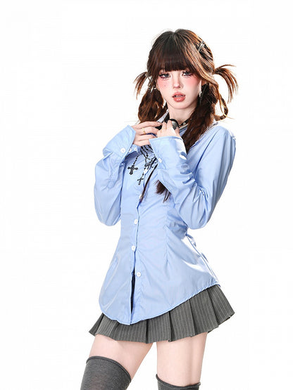 Back at White/Blue with Lace-up Detail Cross Chain Print Shirt