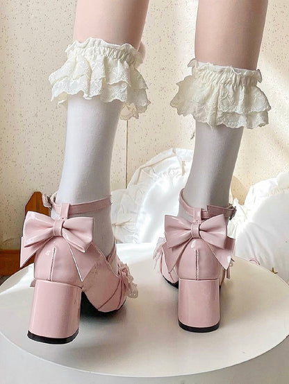 Jane Block Mid Lolita Pink Straps Heel Crisscross in Sweet - Shoes Mary
