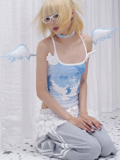 Wings Studded Blue with Chain Choker Detail Angel Outline
