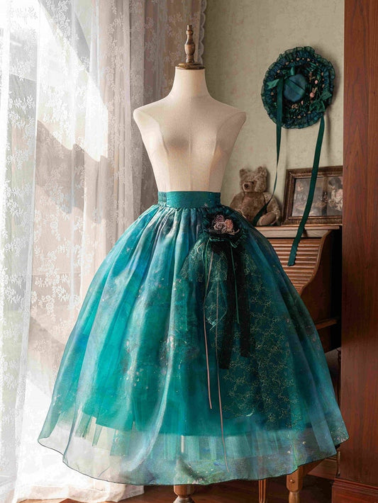 Jupe en tulle imprimé peinture à l'huile Green Forest Fairy Lolita avec pince à cheveux florale