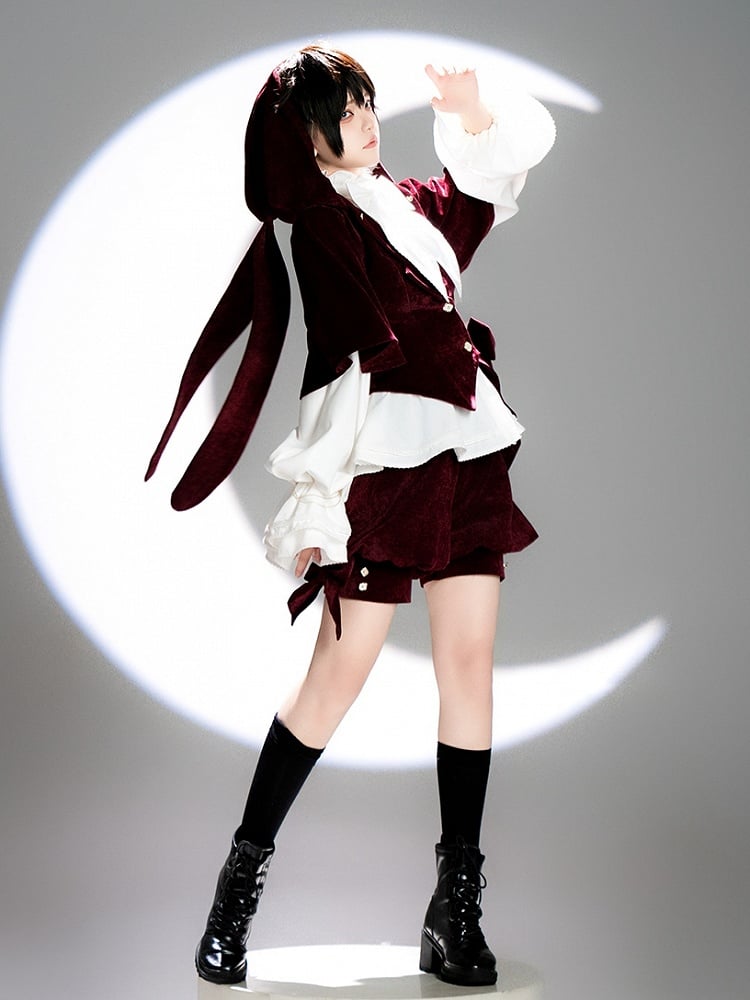 Bunny Hood Lolita Ears Jacket Wine Red Ouji with Velvet Oversized