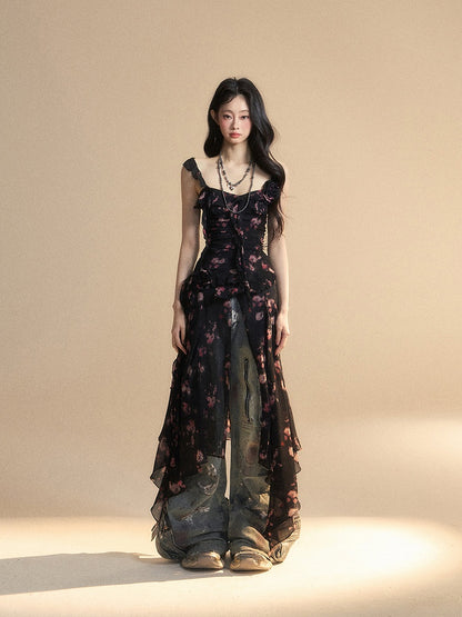 Black Sweetheart Neckline Sleeveless Top Asymmetrical Hem Chiffon Floral