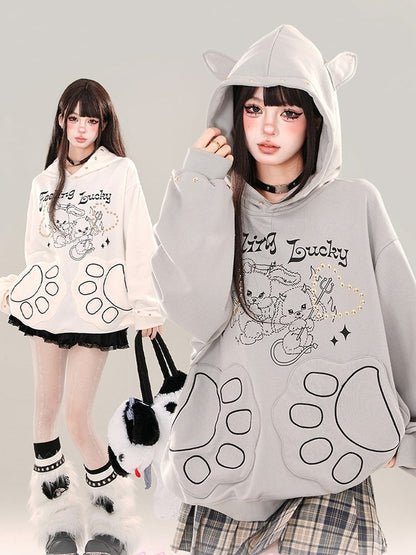 White/Grey Devil Bunnies Print Studs Loose Hoodie