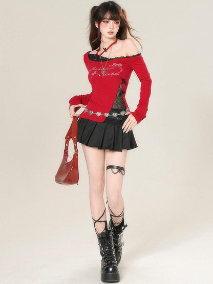 Und Ärmeln Brief Top Lange Strass Verziert Bowknot Glamourös Rot/Schwarz