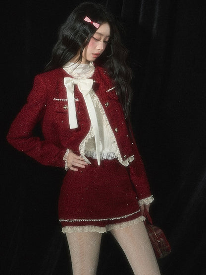 Christmas Red Tweed Cropped Jacket  Lace Trim Bowknot and Bead Details