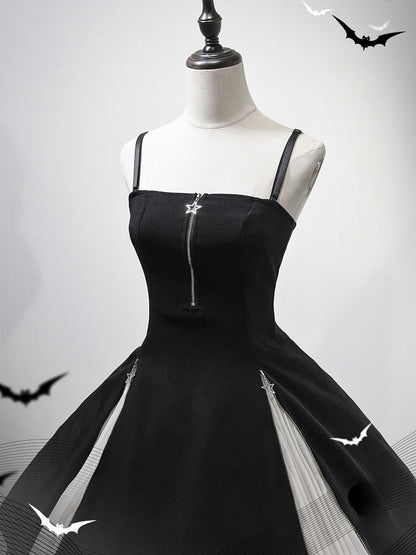 Waist Thin Shoulder Lolita Straps Gothic Fit Slim Dress Black