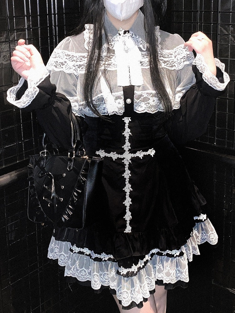 Jirai Kei White&Black/All Black Lace Cape Design Landmine Style Blouse