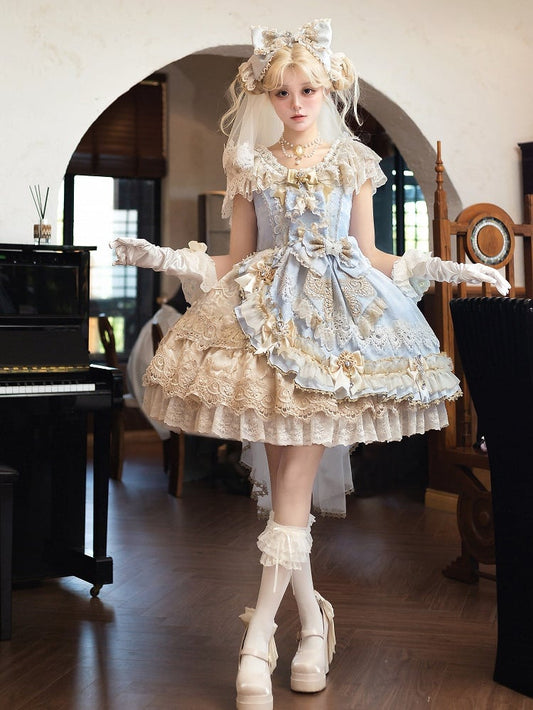 Jumper Blue Princess Bow Full and Skirt Accents Lolita Bead Jacquard Dress Set