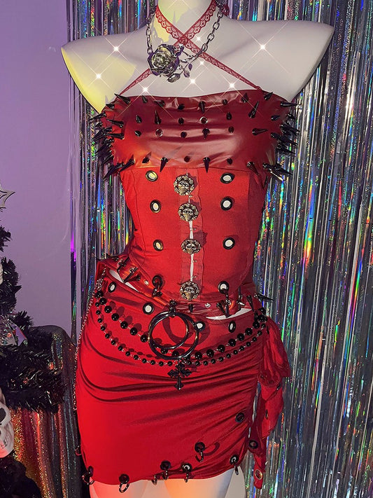 Top + Punk Studs Mini Set Skirt Red