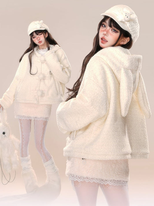 Apricot Bunny Ear Design Thick Hooded Coat