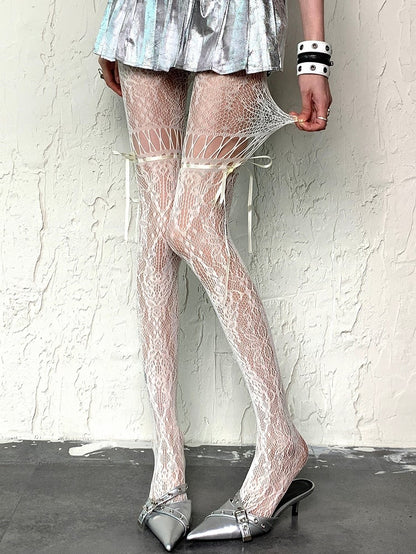 Straps Tights Y2K Design Self-tie Hollow-out White