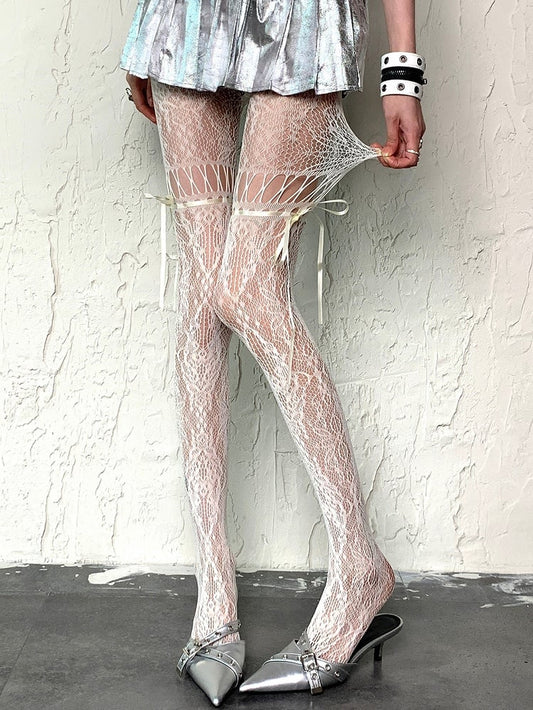 Straps Tights Y2K Design Self-tie Hollow-out White