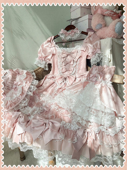 Dress Sweet Lolita Pink Accents High Detachable with Sleeves Bow Waist Princess