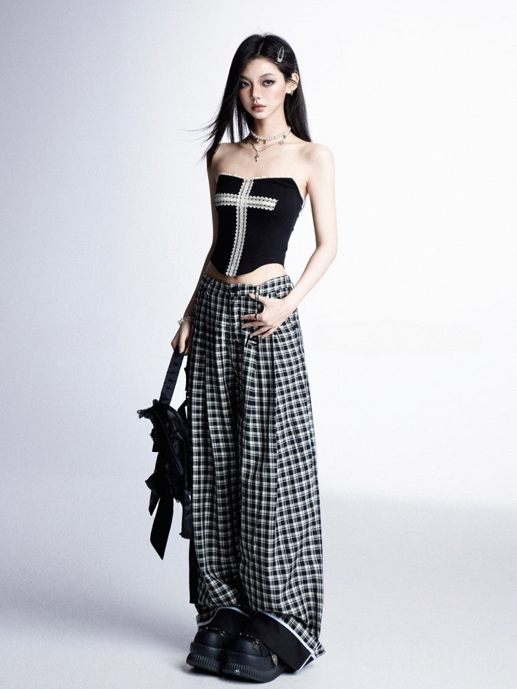 Black  White Plaid Low Waist Straight-Leg Pants